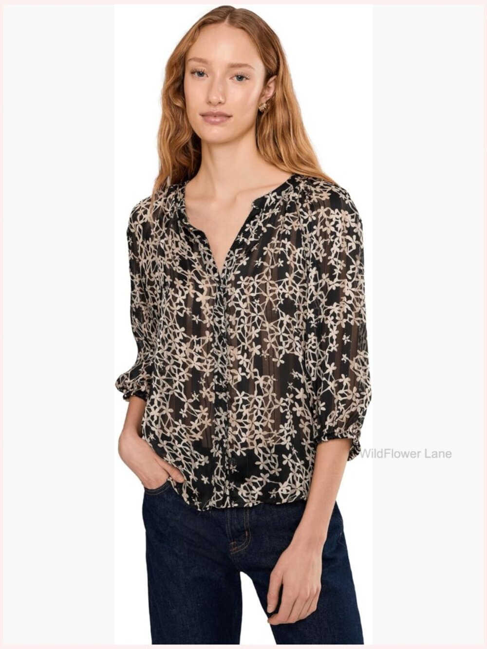 Raglan Sleeve Button-Down Blouse - Long Sleeve V-Neck - Polyester - Classic Fit